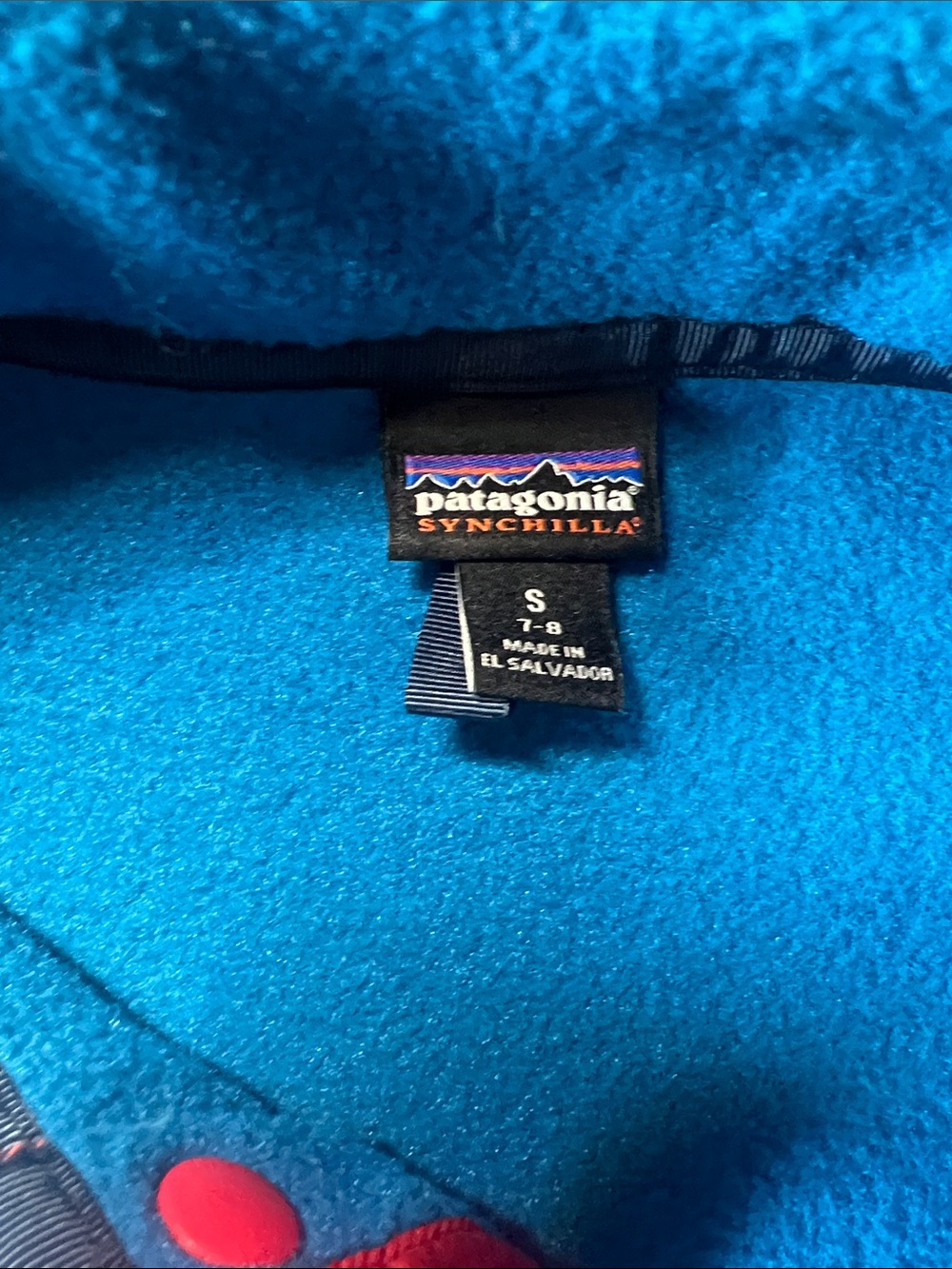 Small Patagonia Boys Crewneck Fleece Pullover in Teal, Navy & Red Trim - Picture 2 of 3